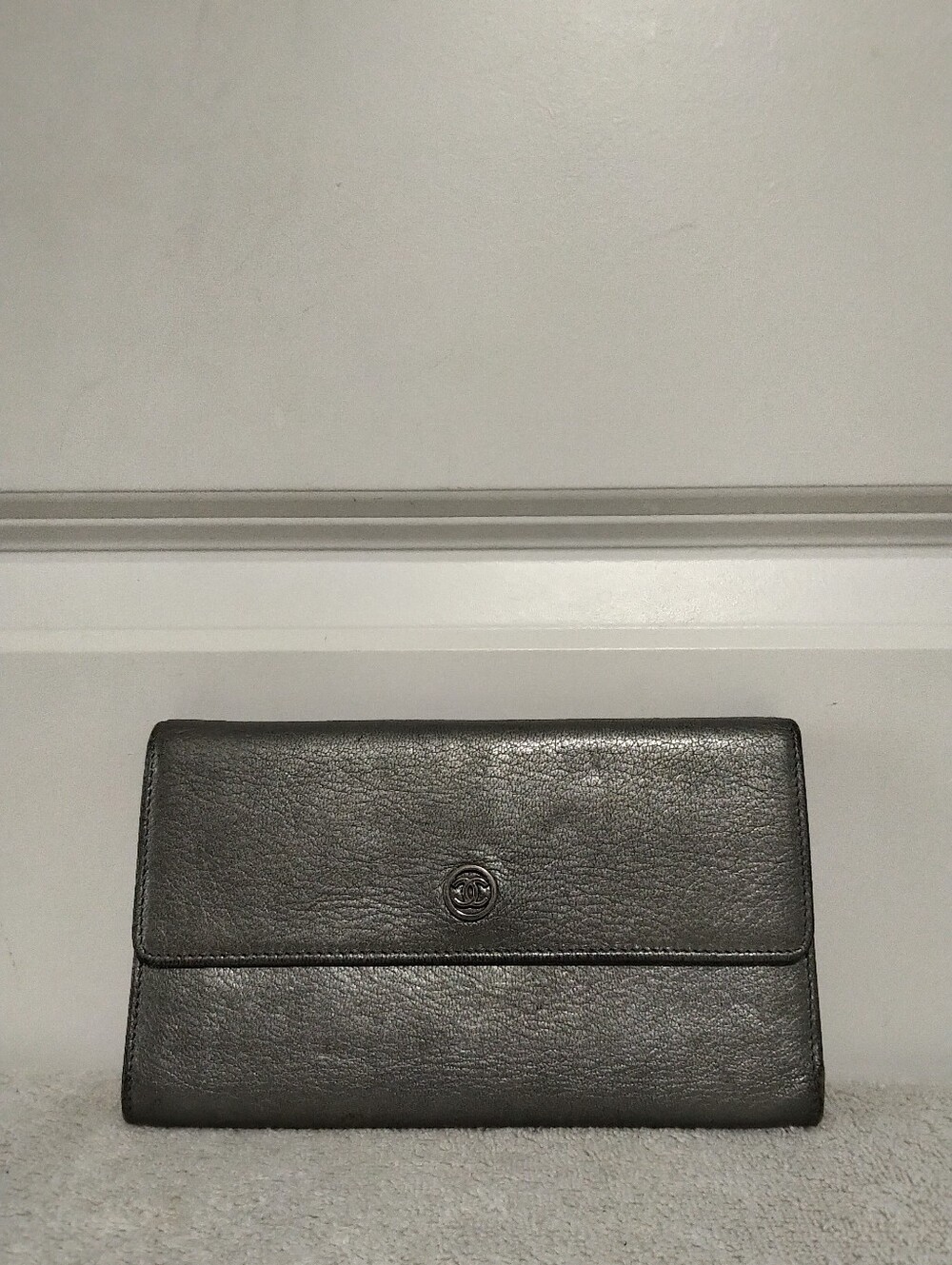 Authentic Chanel Metallic Silver Tri-fold Wallet - Silver CC Logo